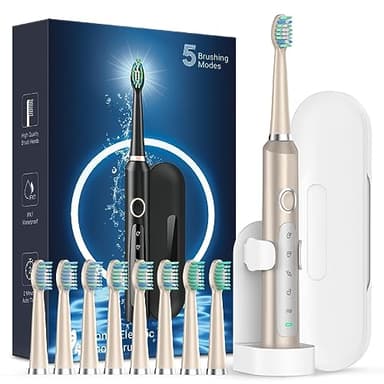 Rtauys M5 Sonic Electric Toothbrush for Adults - Rechargeable Electric Toothbrushes with 8 Brush Heads & Holder, Travel Case, Power Electric Toothbrush，120 Days Battery Life - Champagne