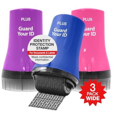 Wide Advanced ID Roller Stamp by Guard Your ID, Privacy Protection and Identity Theft Prevention, As Seen on TV (3-Pack, Blue, Pink, Purple)