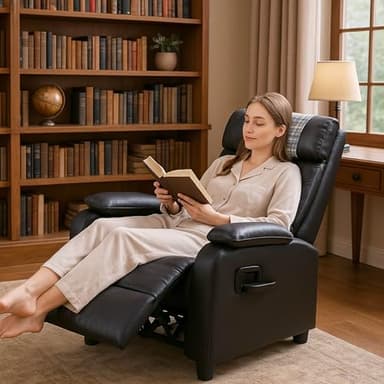 Softa Recliner Chair with Cup Holder and Headrest Cloth for Adults, PU Leather Small Reclining Chair for Living Room, Adjustable Modern Armchair with Extended Footrest for Bedroom(Black)