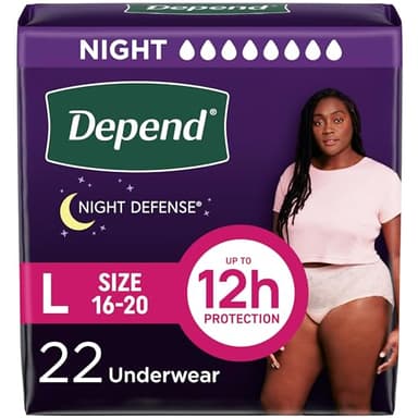 Depend Night Defense Adult Diapers, Incontinence & Postpartum Bladder Leak Underwear for Women, Disposable, Overnight, Large, Blush, 22 Count, Packaging May Vary