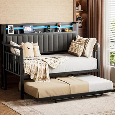 Daybed with Trundle and LED Light, Heavy Duty Metal Twin Bed Frame with Upholstered Storage Headboard & Charging Station, Day Bed Pop Up Trundle Bed Twin for Living Room,Bedroom and Guest Room, Black