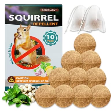 Squirrel Repellent Balls, 10 Pack Natural Plant-Based Formula, Long-Lasting Outdoor Animal Deterrent, Repel Skunk, Chipmunk & Raccoon, for Yard, Garden, Attic & Car Engine
