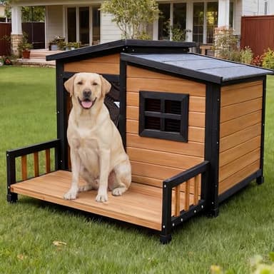 RUNSHED Large Indoor Outdoor Dog House,Wood Insulated Dog House,Weatherproof Outside Shelter with Elevated Floor,Easy to Assemble(39.3" L x 37.5" W x 30" H)