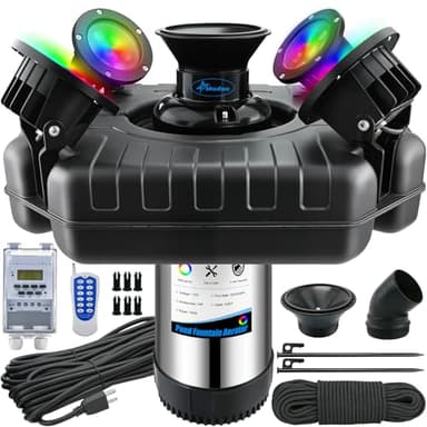 Pond Fountain Aerator with Lights Dynamic RGB Light 1HP 750W Floating Fountain for Pond Lake, 110V 15000 GPH Fully Automatic Stainless Steel Fountain Pump 100Ft Cord with 4 LED Lights and Nail, Rope