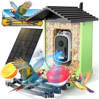 OPOWO Bird Feeder with Camera, 2K HD AI Identify Smart Bird House Camera with Solar Powered, Live View, Instant Arrival Alerts, Auto Capture Video for Outside, Supports 2.4GHz Wi-Fi Only, Green