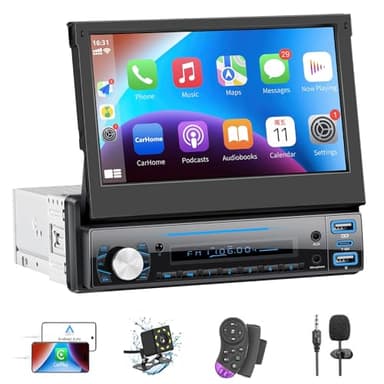 LSLYA Single Din Car Stereo with Carplay ＆ Android Auto,7 Inch Flip-Out Touchscreen Car Radio with Bluetooth,Mirror Link,Backup Camera,Support FM Outputs Type-C Charge USB AUX-in