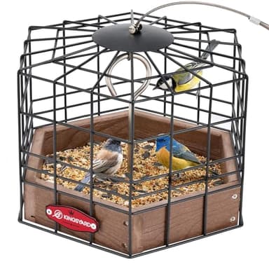 Kingsyard Squirrel Proof Platform Bird Feeders for Outdoor Hanging, 10" Wide Metal Caged Bird Feeder for Small Wildbirds Finches, Recycled Plastic Feeding Platform with Metal Seed Tray, Brown