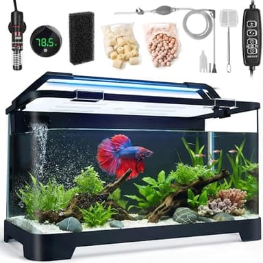 3.5 Gallon Aquarium Starter Kits, Betta Fish Tank with Heater, Digital Thermometer, Aquarium Light with Timer, Hidden Filtration System and Water Changer Kit, Self Cleaning Fish Tank for Nano Fish