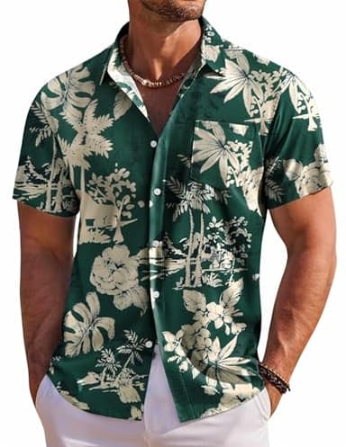 COOFANDY Men's Short Sleeve Hawaiian Shirts for Men Casual Button Down Shrts Summer Beach Shirts, Green - Palm Tree, X-Large