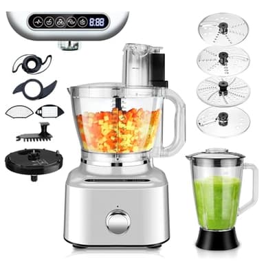 Homtone 16 Cup Food Processor, Large 11-in-1 Heavy Duty Food Processors and Blender Combo- 5 Preset Modes for Chopping,Shredding, Slicing, Kneading, Blending, Stepless Speed Control, 650W, Silver