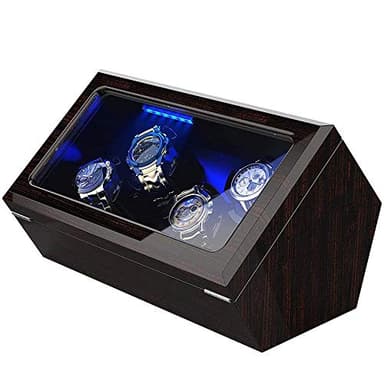 High End Watch Winder for 4 Watches with Soft Flexible Watch Pillows, Blue Led Light, Open and Shut Down Featured, Pine Bark Pattern