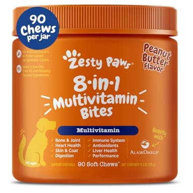Zesty Paws Multivitamin Treats for Dogs, Glucosamine Chondroitin Joint Support + Digestive Enzymes & Probiotics, Grain Free Dog Vitamins and Supplements for Skin & Coat, Peanut Butter - 90ct