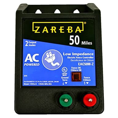 Zareba 50 Mile AC-Powered Low Impendence Electric Fence Charger - Contain Pigs, Goats, Horses, Cattle, and More - Keep Out Predators - For Heavy Weed Conditions - EAC50M-Z