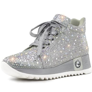 FINDVELL Women's Fashion Glitter Sneakers Platform Wedge Shoes Sparkly Rhinestone High Top Sneakers Trendy Sequin Shoes Wedding Bride Dress Size 10 Silver