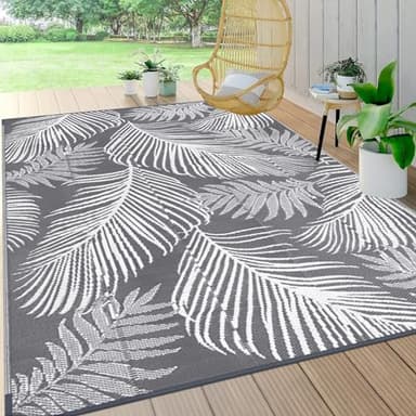 Pauwer Waterproof Outdoor Rug 6x9, Reversible Plastic Straw Patio Camping Rug, Indoor Outdoor RV Mat Carpet for Deck, Camper, Porch, Balcony, Backyard, Picnic, Leaf Grey