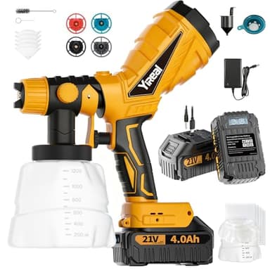 YIREAL Cordless Paint Sprayer Gun With Battery 2*4000mAh 2*1200 ml Cans,Electric Spray Paint Gun With Reusable Metal Filter 4 Nozzles,Hvlp Spray Gun For House Painting Furniture Cabinets Fence Wall