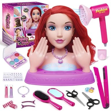 Hair Styling Doll Head 10.5" with Washable Makeup, Pretend Play Hair Salon Toy for Girls, Princess Styling Head with Hair Dryer, Rollers & 20+ Accessories, Birthday Gift for Girls Ages 3–10