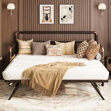 GarveeHome Daybed with Trundle, Twin Daybed with Pop Up Trundle Set, Metal Twin Bed Frame with Steel Slat Support, Sofa BedFrame for Kids/Teens/Adults, Easy Assembly, Brown