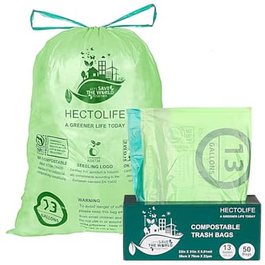 13 Gallon,50 Count, Compostable Trash Bags with Drawstring,Tear Resistant Kitchen Food Scrap Waste Bag, ASTM D6400, US BPI and Europe OK Compost Home Certified