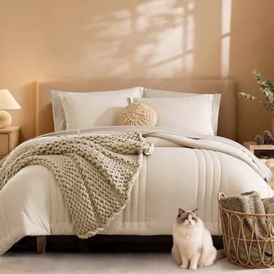 Monbix Queen Comforter Set - 7 Pieces Beige Bed in a Bag Queen Bedding Sets with Comforters, All Seasons Comforter Bed Set with Sheets, Pillowcases & Shams