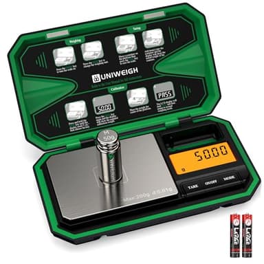 UNIWEIGH Digital Pocket Scale Precision 200g/0.01g, Digital Scale Grams Ounces, Mini Jewelry Scale, Coins Scale with 50g Cal Weights for Gold/Silver/Gems/Food,(Battery Included)-Green