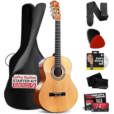 Pyle Left Handed Beginner Acoustic Guitar Kit, 3/4 Junior Size All Wood Instrument with Full Accessory Kit, Picks, Shoulder Strap, Case, Cleaning Cloth, Tuner App, 2 Month Lessons, 36” (Natural Gloss)