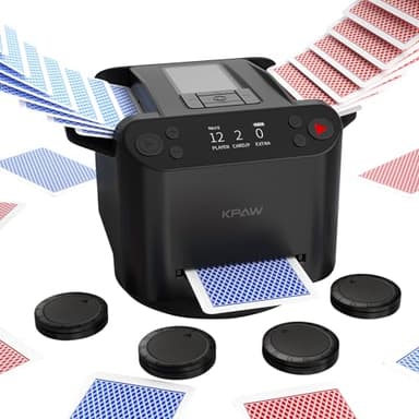 KPAW Automatic Card Shuffler and Dealer - 1-2 Decks Support 12 Players, 4 Drawing Remotes, Built-in Gameplays, 360°/180° Deal, for Poker, UNO, Phase 10, Skip-Bo, Rummy (Black)
