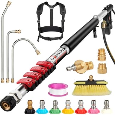 24FT Telescoping Pressure Washer Extension Wand, 𝟐𝟎𝟐𝟔 𝐔𝐩𝐠𝐫𝐚𝐝𝐞𝐝 High Power Washer Wand Extension Pole with Support Belt & 3 Wand, 7 Spray Nozzle Tips, 4000PSI, Gutter Cleaning Tools