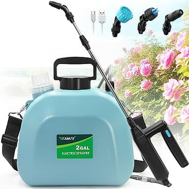Battery Powered Sprayer 2 Gallon, Upgrade Powerful Electric Garden Sprayer with 3 Mist Nozzles, Rechargeable Handle, Retractable Wand, Adjustable Shoulder Strap for Lawn,Garden,Cleaning