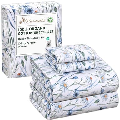 RUVANTI 100% Organic Cotton Sheets Queen Size, Percale Weave, GOTS Certified, 4-Piece Set, Deep Pocket 15", Crisp & Breathable, Soft Durable Bedding, Sábanas Algodón Orgánico – Daisy Bud