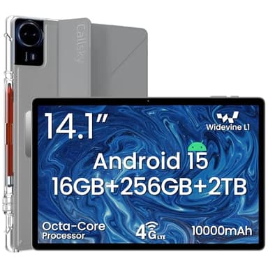 14 Inch Android 15 Tablet, 16GB RAM+256GB ROM, 1920x1200 FHD IPS Display, Widevine L1, 10000mAh Battery, 4G LTE, Wi-Fi & Bluetooth 5.0, Multi-Angle Stand Case & Stylus Pen,6ft Type-C Cable - Gray