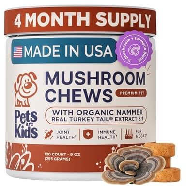 Pets are Kids Turkey Tail Mushroom for Dogs with Organic Real Turkey Tail™ - 8:1 Extract Mushroom Chews for Lumps & Bumps, Immunity, Gut, Skin, Joint & Spine Support - Reishi, Lion’s Mane - 120 Chews