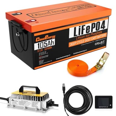 Cloudenergy 48V(51.2V) 105Ah LiFePO4 Lithium Golf Cart Battery Built-in 250A BMS,with Mobile APP,Touch Monitor and retention strap,6000+ Cycles,Perfect for Golf Carts(GFA48V-105AH With Charger)
