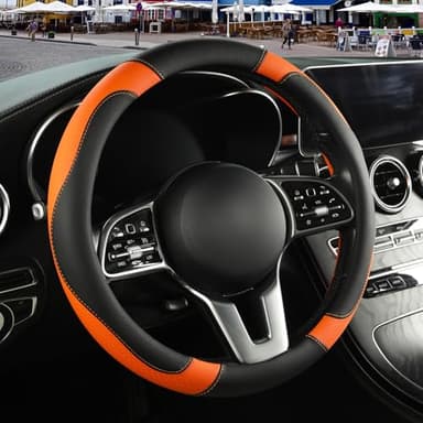 Binsheo Microfiber Leather Steering Wheel Cover, Breathable, Anti Slip, 13.5 inch to 14 inch, Black with Orange
