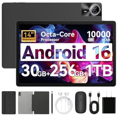 URAO Tablet｜14 inch Android 16 Tablet｜30GB RAM 256GB ROM｜1920 * 1200 IPS FHD｜10000mAh 30W Fast Charging｜Octa-core Processor｜Wi-Fi 6, BT 5.4｜Dual Camera with Keyboard｜Mouse｜Stylus｜Case｜Headphone