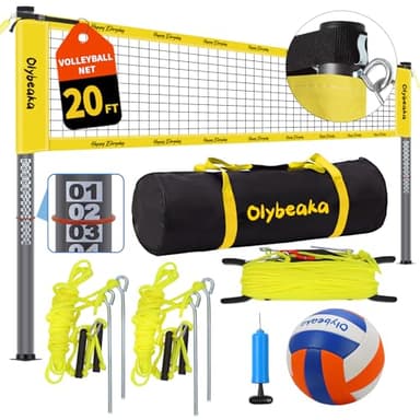 20ft Outdoor Portable Volleyball Net Set for Backyard Beach with Adjustable Heavy Duty Poles, Durable Net, PU Volleyball & Pump, Carry Bag (Yellow, 20ft)