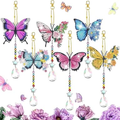 JeCuiK 6 Pcs Diamond Painting Butterfly Wind Chimes Kits 5D DIY Crystal Diamonds Painting Suncatcher Christmas Ornament Double Sided Diamond Art Keychains Pendant Best Gifts for Mom