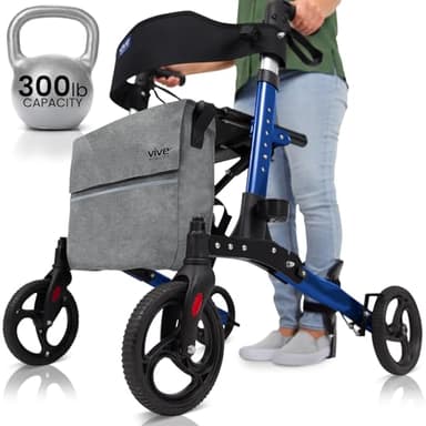 Vive Tall Rollator Walker with Seat for Seniors, Men - All Terrain, Rolling, Folding, Heavy Duty, Medical, Extra Large 4 Wheels, Brakes, with Bag - for Adults, Lightweight Premium Scooter Aid