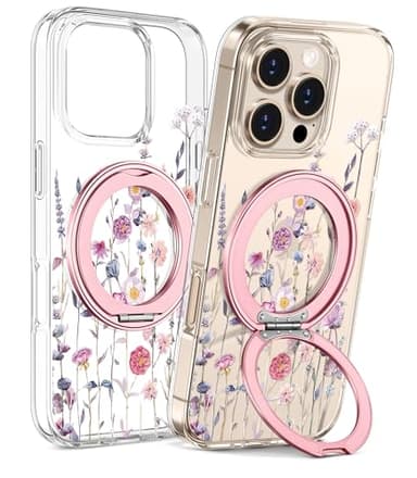 Loheckle for iPhone 16 Pro Case with Stand- Compatible with MagSafe Women Girls Cute Clear Girly Aesthetic Unique Design Soft TPU Magnetic Ring Phone Cover for Apple 16 Pro, Purple Flower
