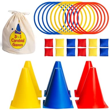 Covelico Ring Toss Game, Obstacle Course for Kids 3-5 & Birthday Party Games, Carnival Bean Bags for Tossing Gross Motor Toys for Toddlers 3-5, 12 Rings & 12 Bean Bags, 6 Cones for Kids, PE Equipment