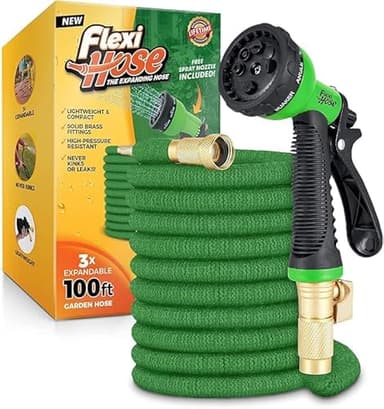 Flexi Hose with 8 Function Nozzle, 100FT - Lightweight Expandable Garden Hose, No-Kink Flexibility, 3/4 Inch Solid Brass Fittings and Double Latex Core - Green