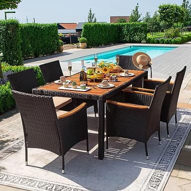 Devoko Dining 7 PCS Furniture, Patio Conversation Set with Acacia Wood Table Top, Outdoor, Beige Cushion and Black Rattan