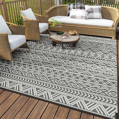 MontVoo-Outdoor Rug Waterproof 6x9 ft Outdoor Carpet Patio Rug Mat Reversible RV Camping Rug-Plastic Straw Rug Outside Outdoor Area Rug for Patio Deck Balcony Backyard Picnic Beach -Boho Grey