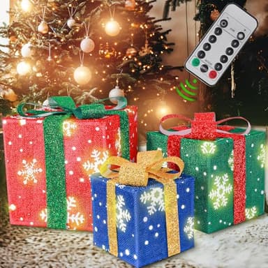 Christmas Lighted Gift Boxes, Set of 3 Light Up Boxes Set, Holiday Decorations, Battery Operated 8 Light Modes for Holiday Indoor Outdoor Christmas Tree, Yard, Home Decor