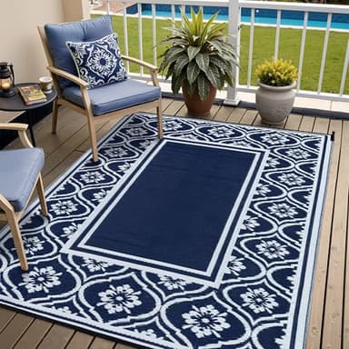 HUGEAR Plastic Outdoor Rug 6'x9' Waterproof Camping Carpet Outside Reversible Area Rug Blue Rugs for RV Deck Entryance Porch Picnic Balcony Beach