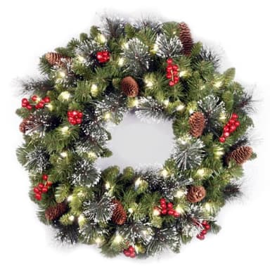 National Tree Company 24 in Pre-Lit Crestwood Spruce Artificial Christmas Wreath, Christmas Decoration with Glitter, Pinecones, Red Berries, 50 Warm White LED Lights, 160 Tips, Timer, Green