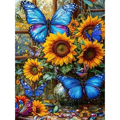 GEEHEIY Diamond Art Kits for Adults, 5D Sunflower Diamond Painting Kits for Beginner, DIY Blue Butterfly Gem Art Dots for Adults, Perfect for Home Wall Decor 12x16 Inch