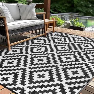 Outdoor Patio Plastic Straw Rug - 6x9 ft Outdoor Camping Rug Waterproof Reversible, Area Carpet Patios Clearance RV, Outside Porch Balcony Deck for Camper, Black & White