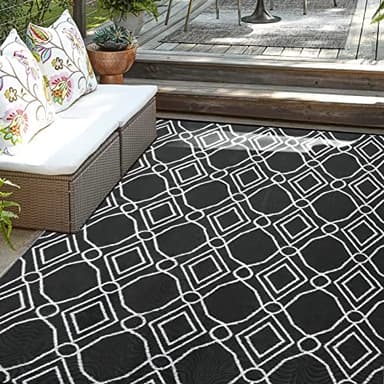 Kohree Outdoor Rug 6x9, Waterproof RV Outdoor Rugs, Reversible Outdoor Camping Rug Patio Rugs Clearance with 4 Corner Loops for RV, Deck, Backyard, Picnic, Easy to Clean & Carry, Black & White