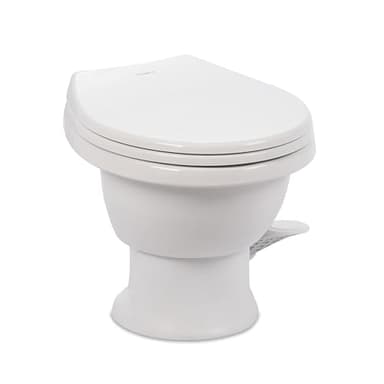 Dometic Model 411 Complete RV Toilet – Round Porcelain Bowl, Universal Fit & 2-Bolt Mount, Low-Profile 13–5/8" Seat Height, Gravity Flush Toilet with Soft-Close Seat, White (9610008263)